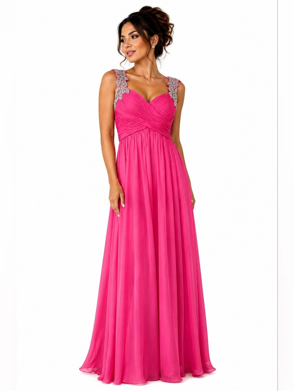 Elegant Hot Pink Beaded Strap Evening Gown